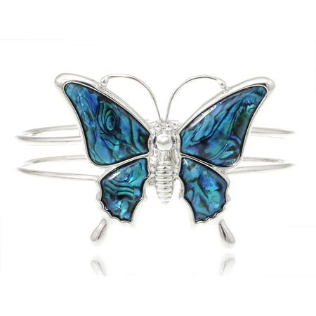 Abalone Shell Bracelet - Silver Tone Queen Butterfly Faux Abalone Shell Wing Double Band Bracelet Bangle