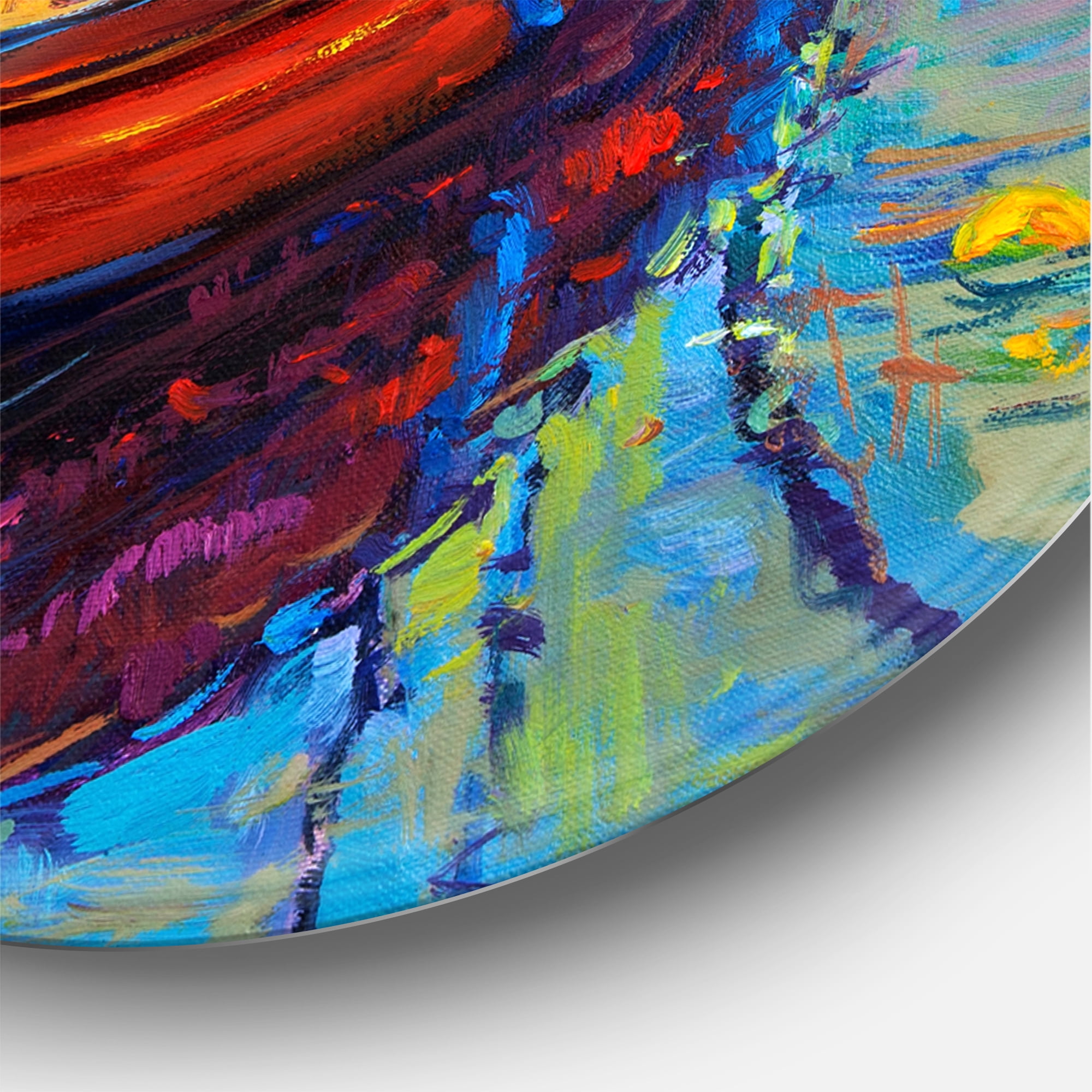 Designart 'Three Colorful Boats In The Harbor' Nautical & Coastal Circle Metal Wall Art 29x29 - Disc of 29
