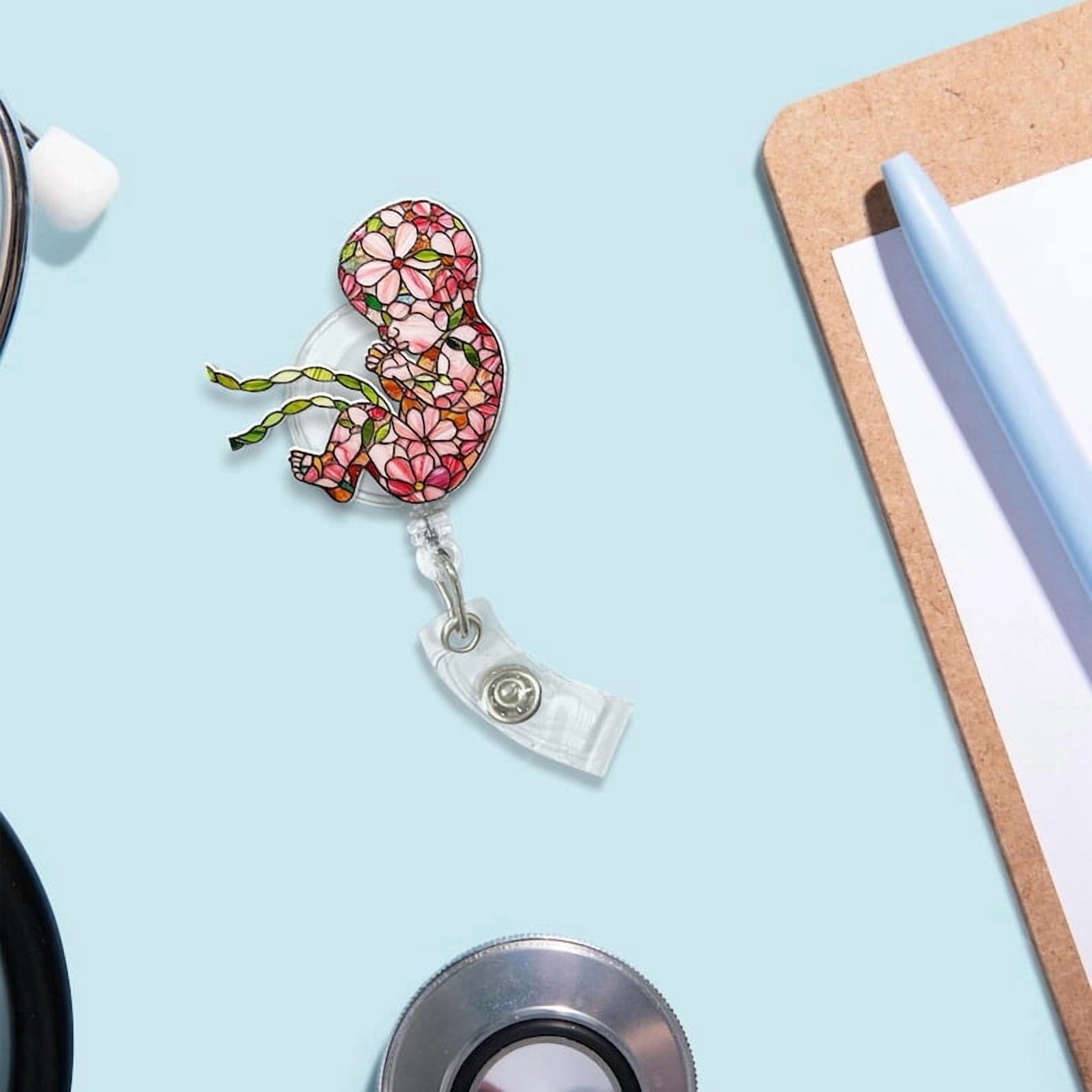 TiniDecor Floral Fetus Badge Reel, Pink Baby ID Holder, Cute Gift for OB Nurses & Doulas