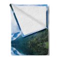 thumbnail image 2 of Nature Soft Flannel Fleece Throw Blanket, Landscape Photography with Wooden Cabins Clear River and Mountains Norway Europe, Cozy Plush for Indoor and Outdoor Use, 50" x 70", Blue Green, by Ambesonne, 2 of 5