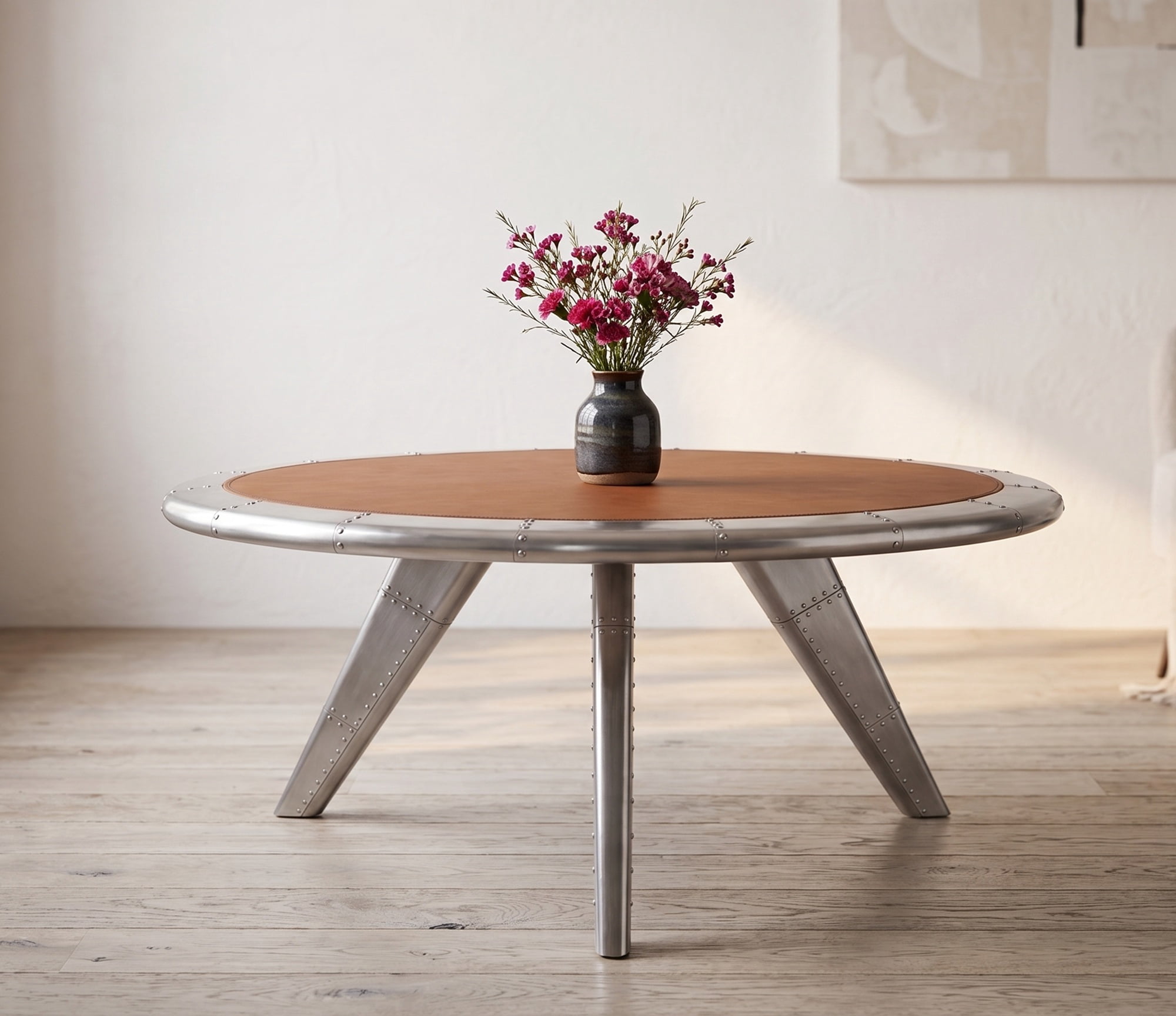 Aviator Round Coffee Table Industrial Aluminum & Leather Accent Center Table with Exposed Rivet Detail