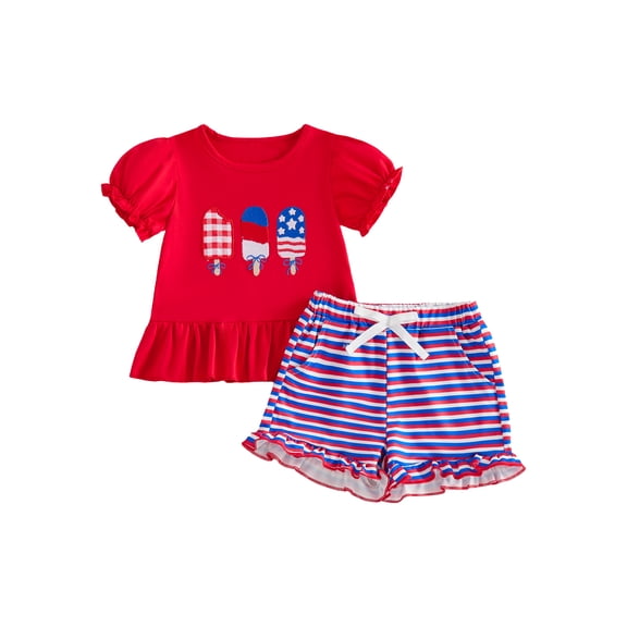 BemeyourBBs 2Pcs Toddler Baby Girls 4th of July Outfit Patriot Independence Day Summer Clothes Fourth of July Baby Girl Puff Short Sleeve Popsicle Embroidery T Shirt Top and Ruffle Pocket Shorts Set