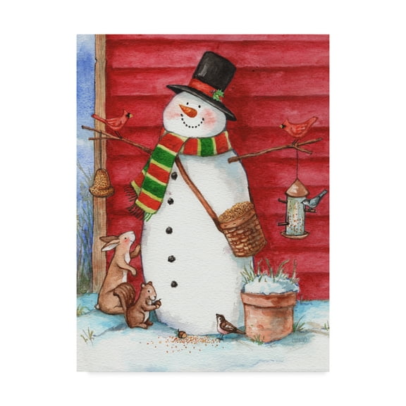 Trademark Fine Art 'Red Barn Snowman With Friends' Canvas Art by Melinda Hipsher