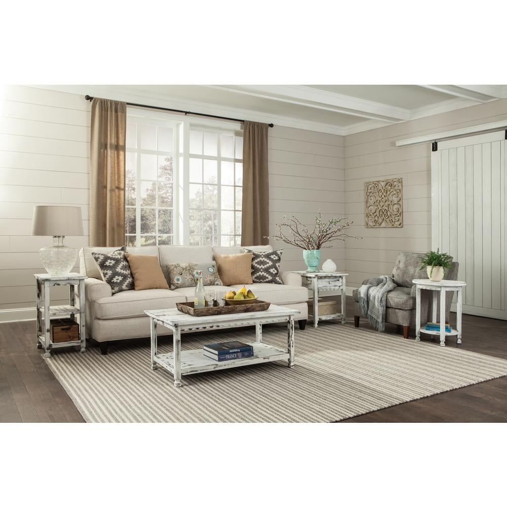 Alaterre Furniture Country Cottage End Table, Narrow Side Table with Two Storage Shelves, Rustic Farmhouse Night Stand or Living Room Furniture, White Antique Finish