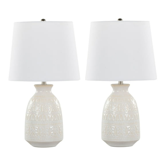 Newest 20" Contemporary 2-Piece Ceramic Accent Lamp Set, Off-White Vase Shape with Polished Nickel & White Linen Shade