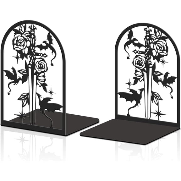 2Pcs Metal Bookends Black Heavy Duty Book Shelf Holders Dragon Rose Flower Decorative Book Ends for Back to School Office Home