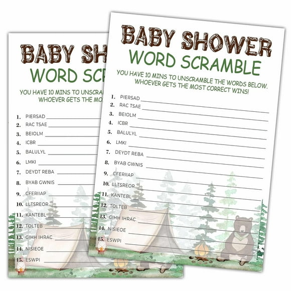 Jungle Word Scramble Adventure Set - 25 Gender Neutral Forest Cards with Answer Card for Fun Baby Shower and Gender Reveal Party Games for Everyone