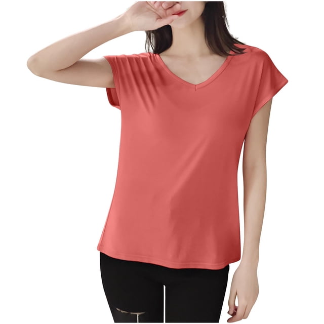 FRSASU T-Shirt de Sommeil Uni pour Femme Haut de Pyjama à Col en V Rouge