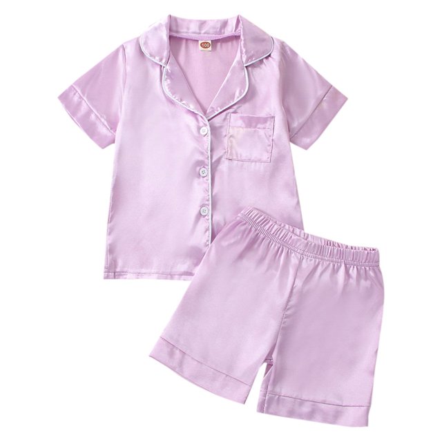 Toddler Baby Kids Satin Pajamas Set Long Sleeve Button-Down Sleepwear PJs for Girls