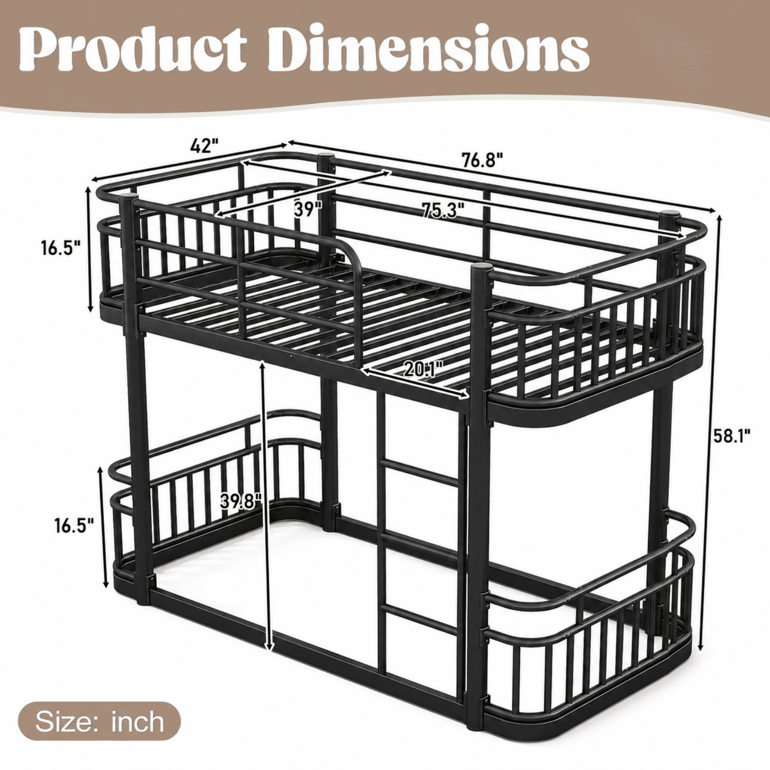 Miniyam Twin Over Twin Metal Bunk Bed with 16.5" Guardrails, Built-In Ladder and Metal Slats, Black
