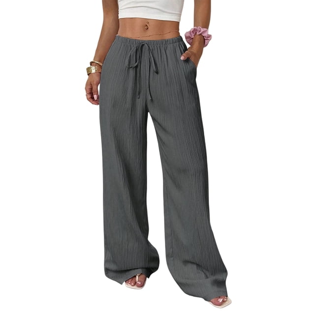 Women'S Palazzo Pants Summer High Waisted Wide Leg Drawstring Flowy Beach Trousers with Pockets Pink M