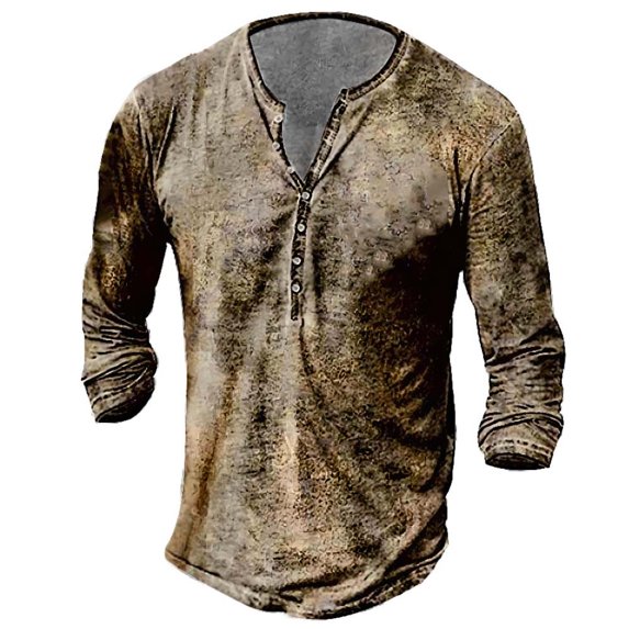 Long Sleeve Vintage Washed Men Casual Henley Shirt Male Button Down Blouse