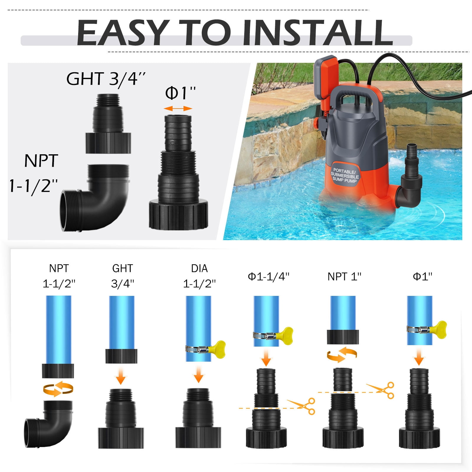 Sump Pump with Float Switch Submersible Water Pump Automatic 1.2HP 5000GPH Portable Dirty Clean Water Transfer Pump for Pool Draining Hot Tub Basement