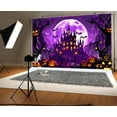 thumbnail image 5 of 4 x 4 ft Halloween Backdrop Purple Night Moon Bat Castle Background Devil Pumpkin Lantern Scary Spooky Haunted House Cemetery Spider Web Kids Child Hallowmas Party Decorations Photoshoot Backdrops, 5 of 5
