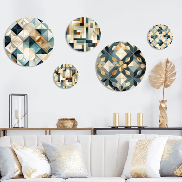 Designart "Time-Worn Charm In Beige Vintage Tiles" Geometric Metal Wall Art Set Of 5 - Teal Large Metal Wall Art Set