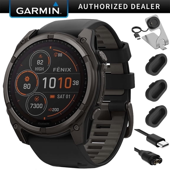 Garmin Fenix 8 51mm Solar Sapphire, Carbon Gray DLC Titanium w/ Black/Pebble Gray Band Bundle with Deco Essentials Charging Dock   Silicone Dust Cover 3 Pack   USB Type C Charging Cable