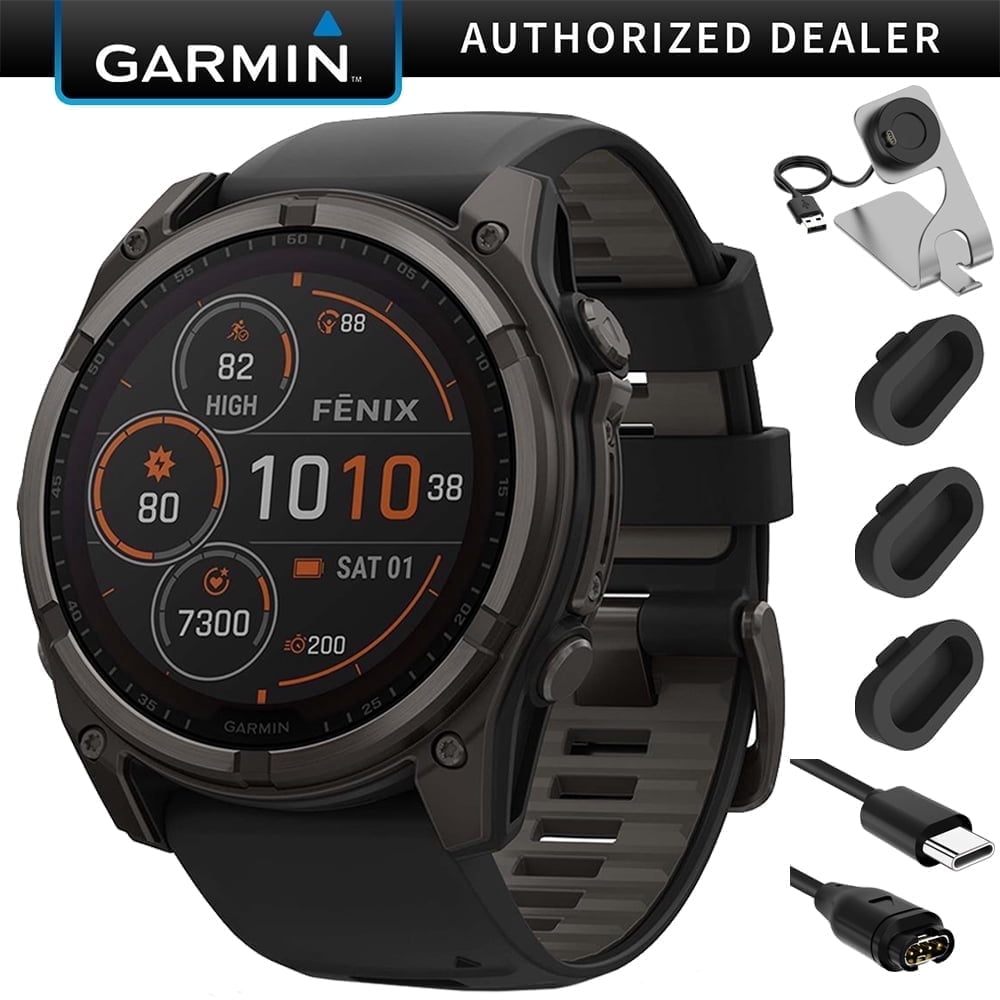 Garmin Fenix 8 51mm Solar Sapphire, Carbon Gray DLC Titanium w/ Black/Pebble Gray Band Bundle with Deco Essentials Charging Dock + Silicone Dust Cover 3 Pack + USB Type C Charging Cable