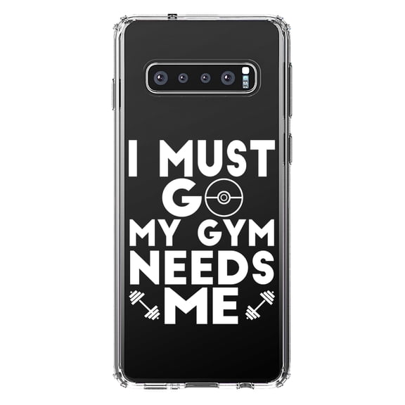 DistinctInk Clear Shockproof Hybrid Case for Samsung Galaxy S10 (6.1" Screen) - TPU Bumper Acrylic Back Tempered Glass Screen Protector - I Must Go My Gym Needs Me