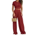 thumbnail image 2 of Liher 2 Piece Casual Sets for Women Lounge Tracksuit Wine Red Summer Sweatsuit Set Short Sleeve O Neck Top and Relax Fit Wide Leg Pant Set Clothes Size M, 2 of 4