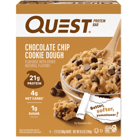 (3 pack) Quest Protein Bar, Chocolate Chip Cookie Dough Flavored, 21g Protein, Gluten Free, 4 Count