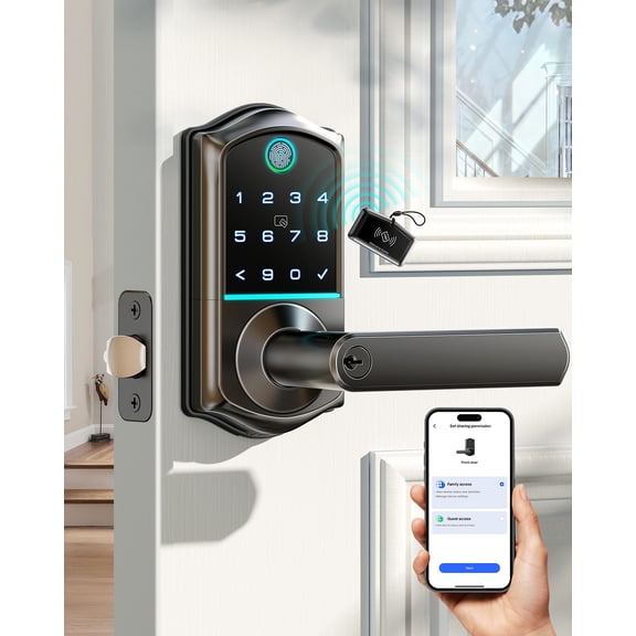 Veise Fingerprint Keyless Entry Smart Lever Lock, App Control Electronic Touchscreen Keypad, IP55 Weatherproof, Aluminum Metal Matte Black