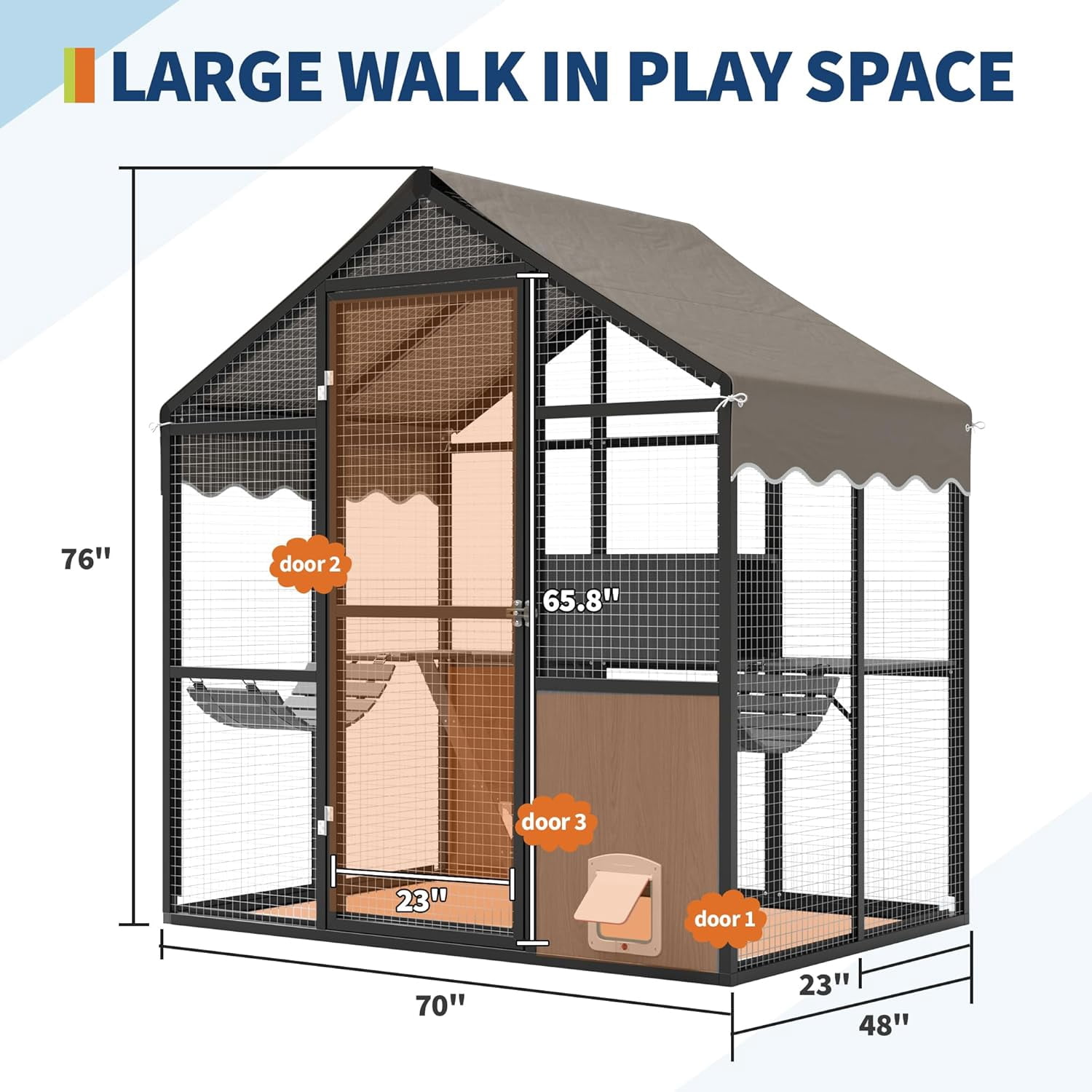 Large Outdoor Cat Enclosure,Aluminum Walk-In Wooden Outside Cattery Cat Run  with Weatherproof Roof with Channels, Side Door, UV Proof Cover, Idea for Multiple Cats