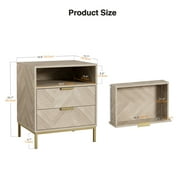 Industrial Small Accent Side Table with Drawer, Open Shelf, Herringbone Pattern Wooden Storage Cabinet, Oak H0103