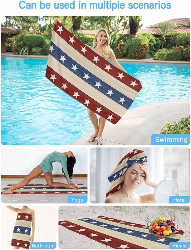 Rustic Wood Stars Beach Towels USA Patriotic Red White Blue Stripes Sand Free Beach Towel for Pool Swimming Travel Vacation Quick Dry Absorbent Bath Pool Towels