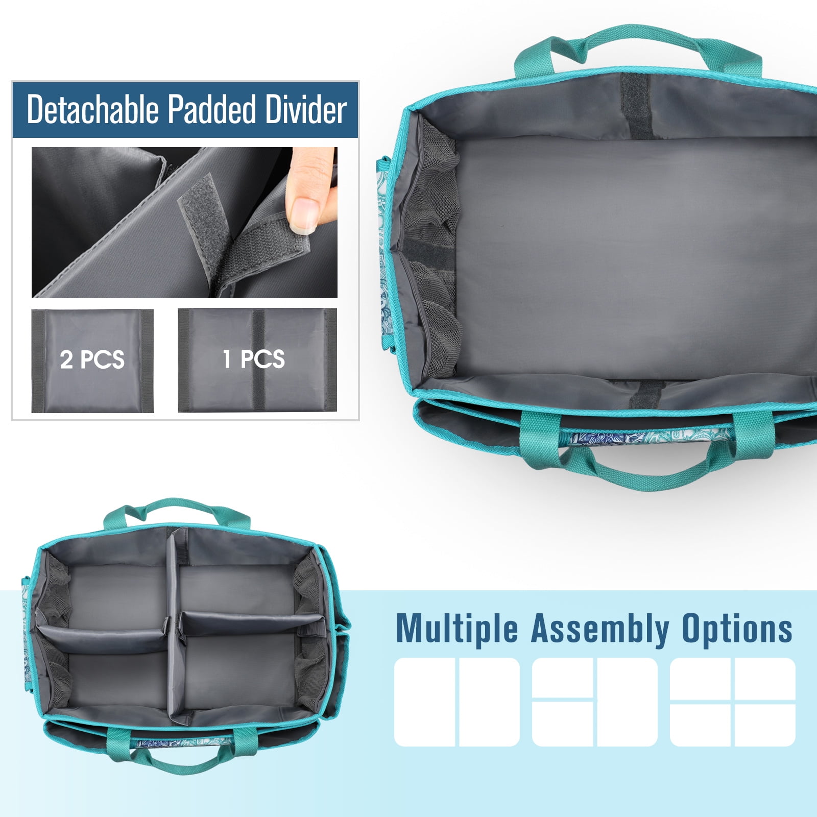 FINPAC Large Craft Storage Tote Bag with Multiple Pockets, Scrapbooking Carrying Case Storage Caddy with Handle for Sewing, Art, Desktop, Baby Care Supplies, Emerald Illusions