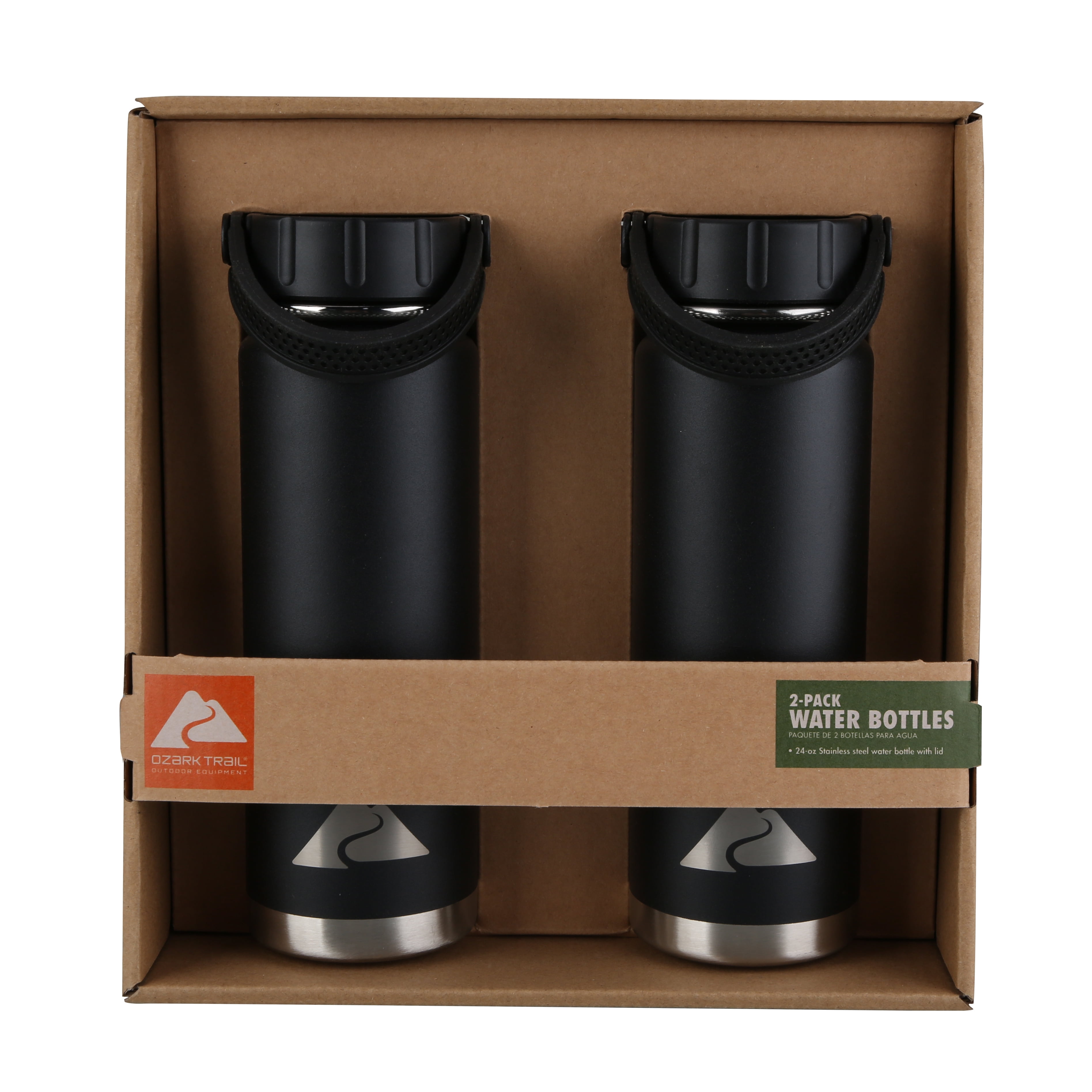 Ozark Trail 24 oz Double Wall Vacuum Sealed Stainless Steel  Water Bottle, 2 pack, Rich Black