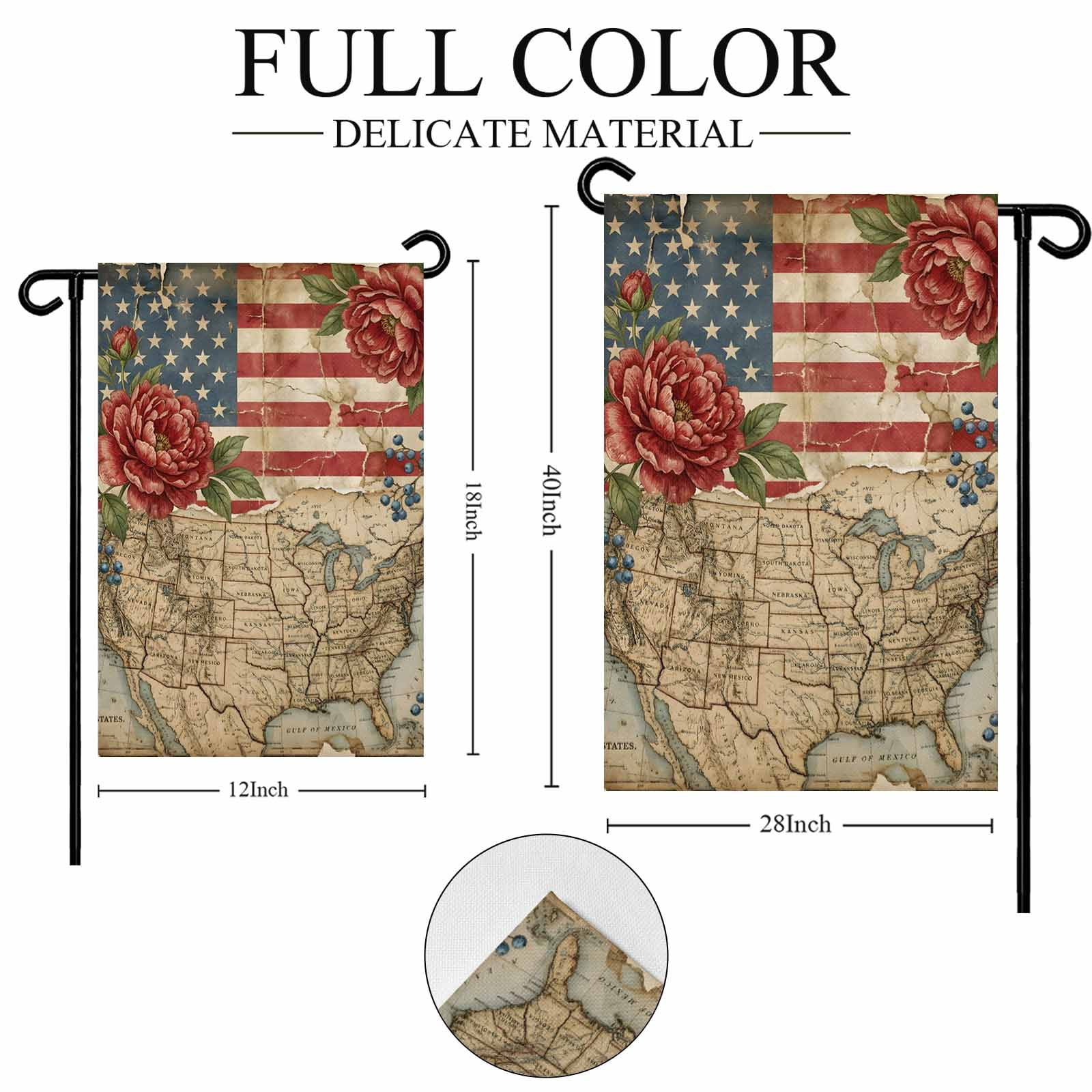 4th of July Garden Flags Retro American Flag Garden Flag Double Sided Welcome Flag Cottagecore Usa Map Red Peony Independence Day Yard Flags for Outdoor Lawn Porch Memorial Day Decor 28x40 Inch