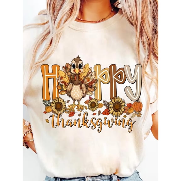 Happy Thanksgiving Women Graphic T‑Shirt, Cute Turkey Sunflower Fall Print Casual Short Sleeve Crew Neck Tee