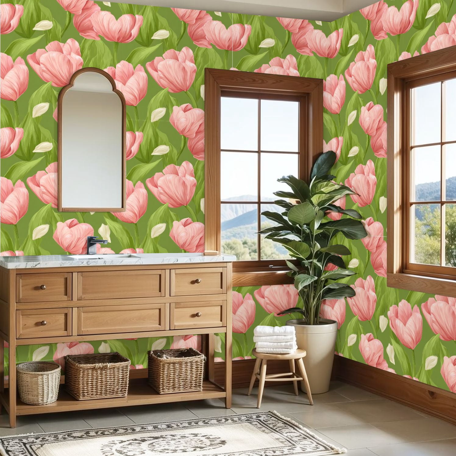 Sage Green Peel and Stick Wallpaper Pink Tulip Floral Green Soft Green Leaves Petals Wall Mural 23.6in x 9.8ft Self Adhesive Removable Wall Paper Renter Friendly Wallpaper for Girls Bedroom