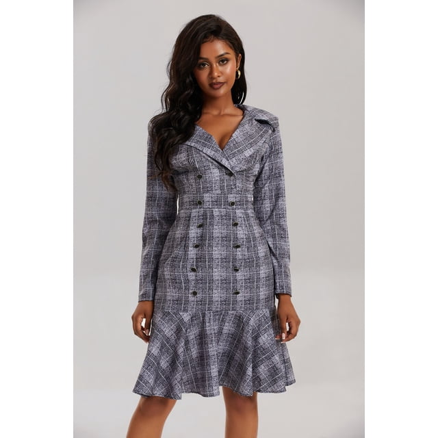 Vestido de mujer estilo urbano, de manga larga, con estampado de cuadros y doble botonadura y solapa estilo europeo y americano