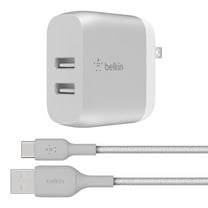 Belkin 24W Dual Port USB Wall Charger - USB C Cable Included - iPhone Charger Fast Charging - Silver