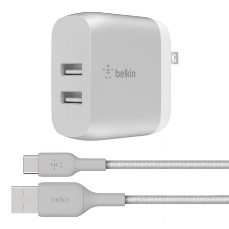 Belkin 24W Dual Port USB Wall Charger - USB C Cable Included - iPhone Charger Fast Charging - Silver