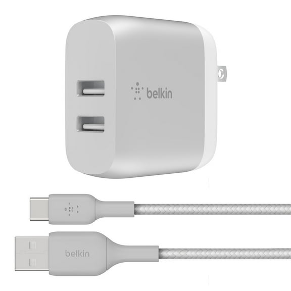 Belkin 24W Dual Port USB Wall Charger - USB C Cable Included - iPhone Charger Fast Charging - Silver