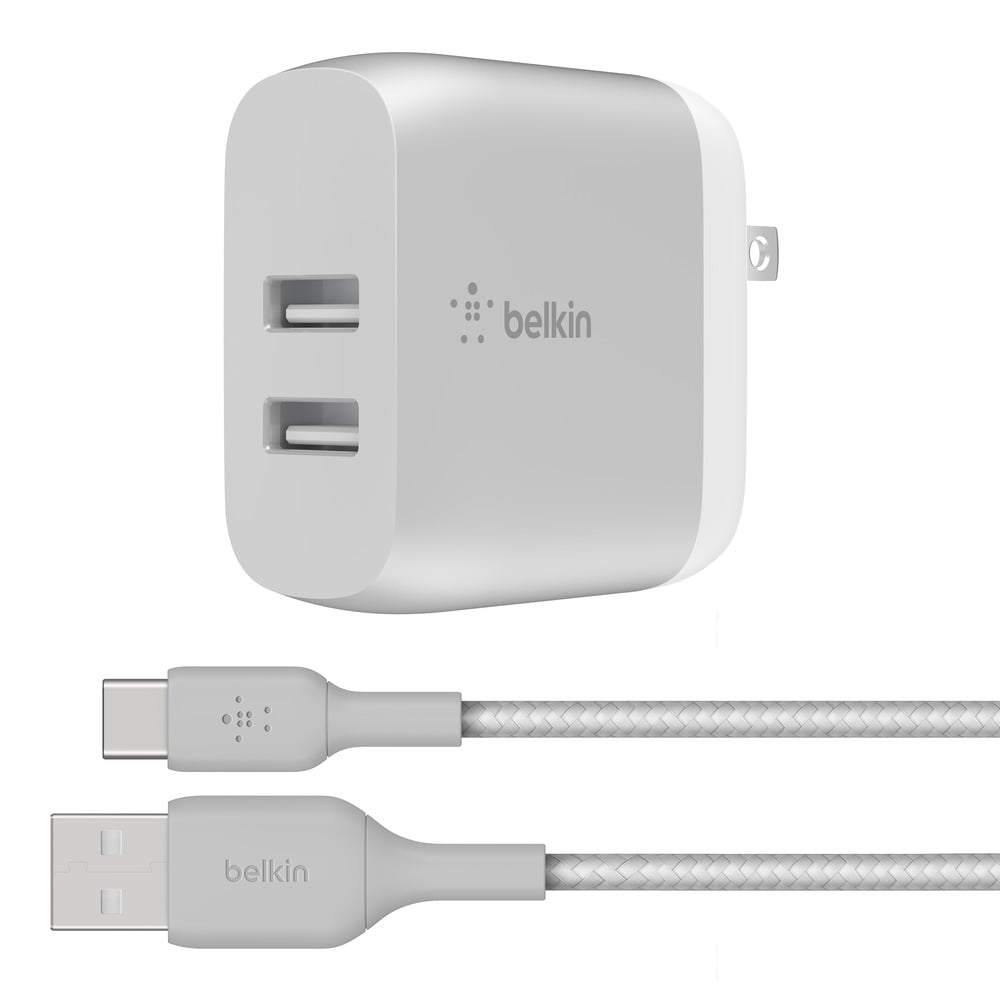 Belkin 24W Dual Port USB Wall Charger - USB C Cable Included - iPhone Charger Fast Charging - Silver