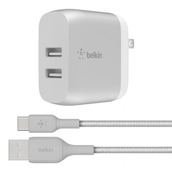 Belkin 24W Dual Port USB Wall Charger - USB C Cable Included - iPhone Charger Fast Charging - USB Charger Block for Power Bank, iPad & iPad Pro, Samsung Galaxy S20, Samsung Note, Google Pixel & more