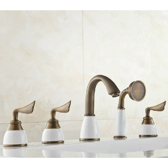 Juno Three Handles Antique Brass Bathtub Faucet With Hand shower