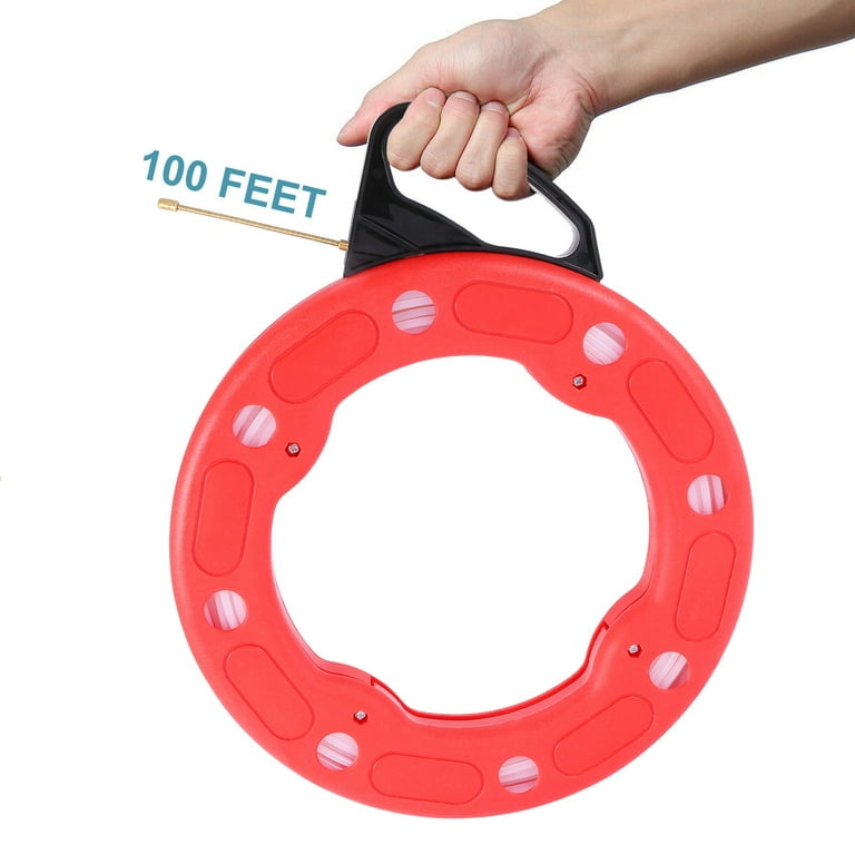 100ft Fish Tape Reel Wire Pulling Tools 30m Electrical Cable Puller Reel Puller, Red