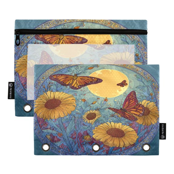 2 Pack 3 Ring Binder Pouch with Clear PVC Window Water Resistant Zipper Pencil Pouch Butterflies Sunflowers Binder Pocket for Classroom Office Home Stationery Organization