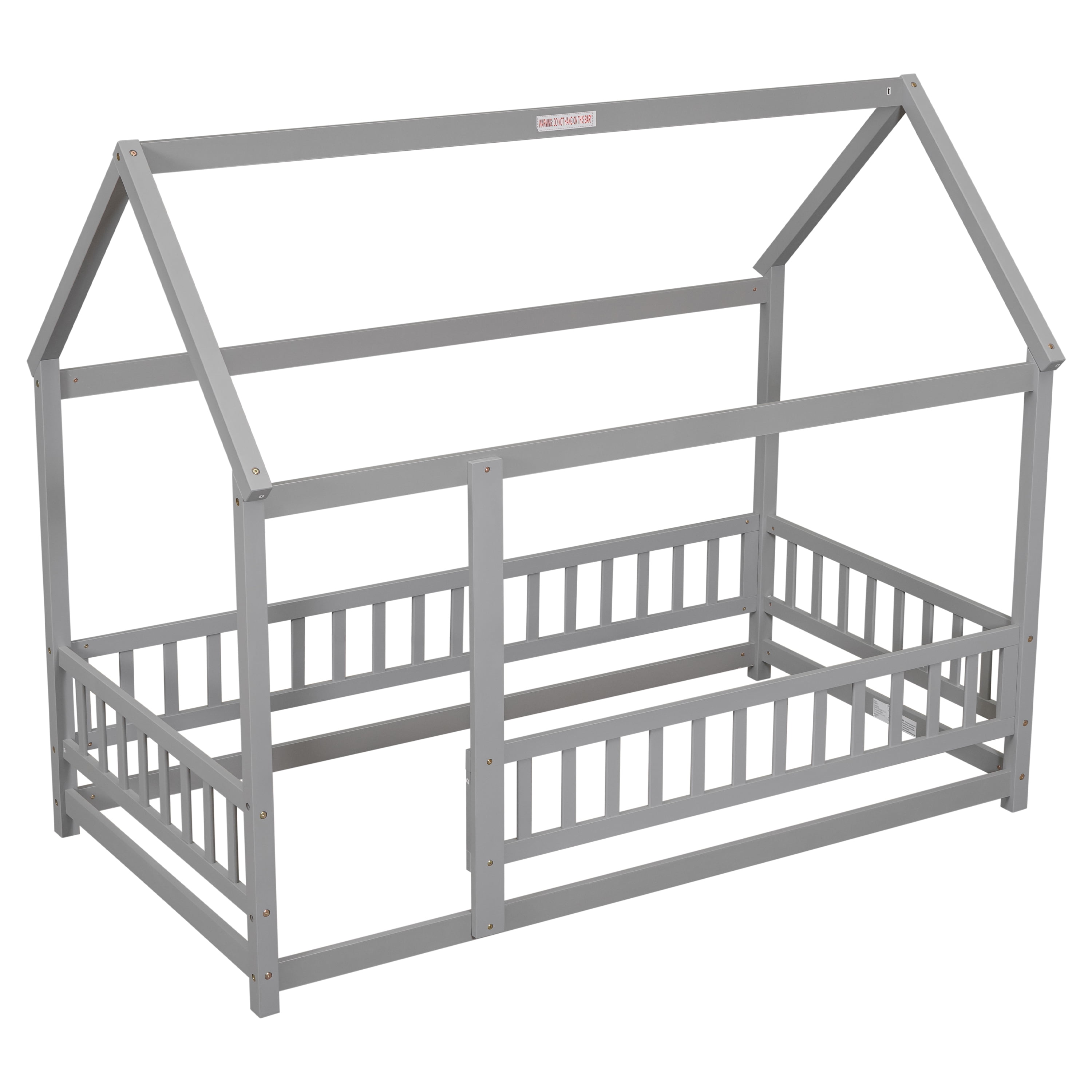 Twin Size Floor Bed for Kids, House Bed Frame Playhouse Bed with Roof Frame for Kids Teens Girls Boys, Wood Twin Montessori Bed Frame with Fence Guardrails, Fence Bed Playpen Bed for Toddler, Gray