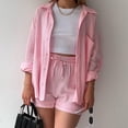 thumbnail image 4 of MKLEKYY Pijama Corto Para Mujer, Camisa De Manga Larga Con Cuello De Primavera Liso, Pantalones Cortos De Cintura Alta Con Cordón, Conjunto Informal De Moda Grande, 4 of 4