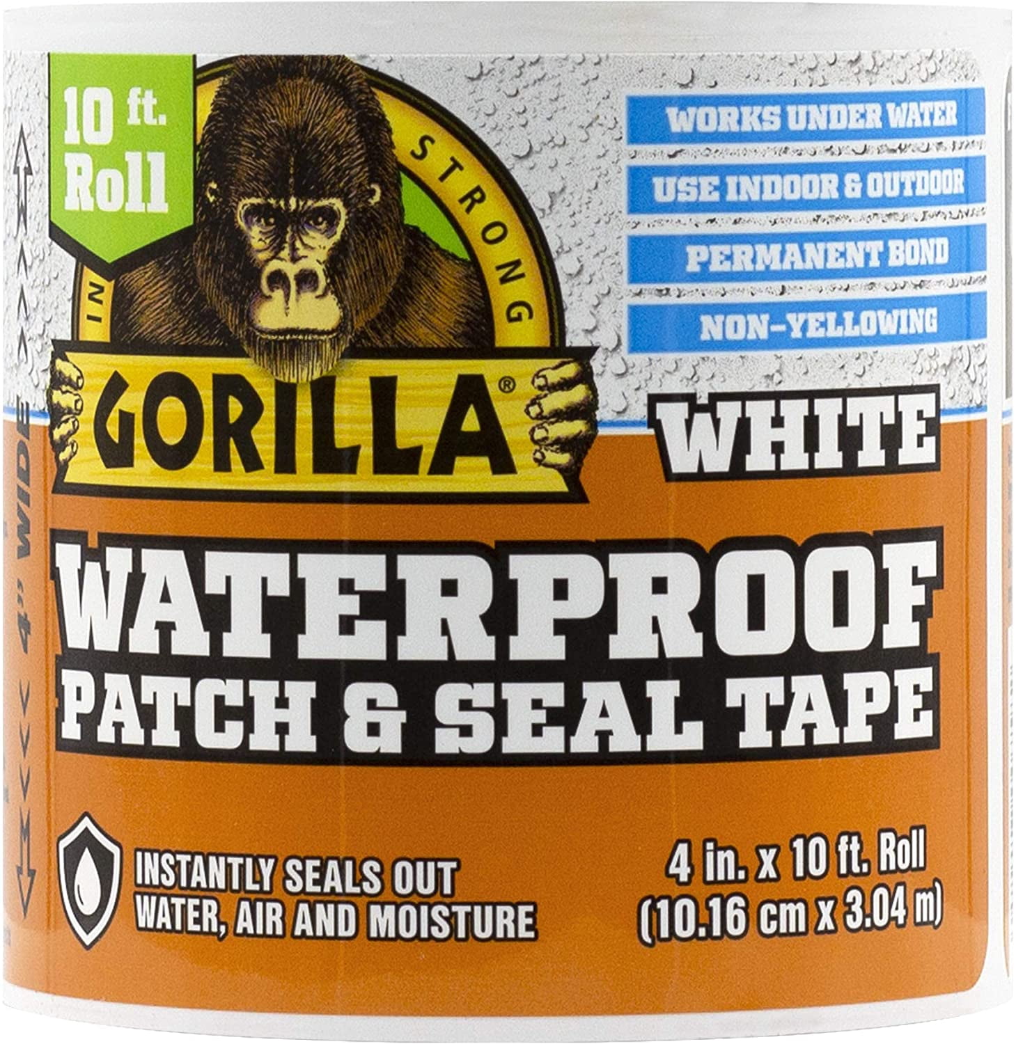 Gorilla Waterproof Patch & Seal Tape, White Tape, 4" x 10' (Pack of 4) - Permanent Weather Resistant Seal for Leaks and Repairs