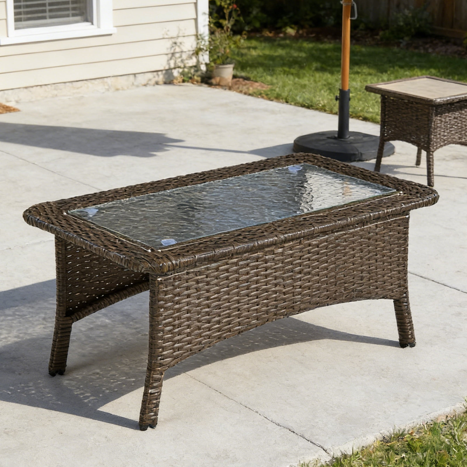 Fnova Outdoor Wicker Rectangular Coffee Table, PE Rattan Patio Table with Tempered Glass Top, Large Outdoor Furniture for Patio Backyard Garden