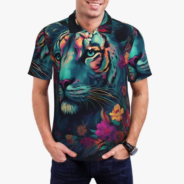Fotbe Colorful Flower Tiger Pattern Men’s Golf Polo Shirt – Breathable Performance Golf Shirt with Button-Down Collar-4X-Large