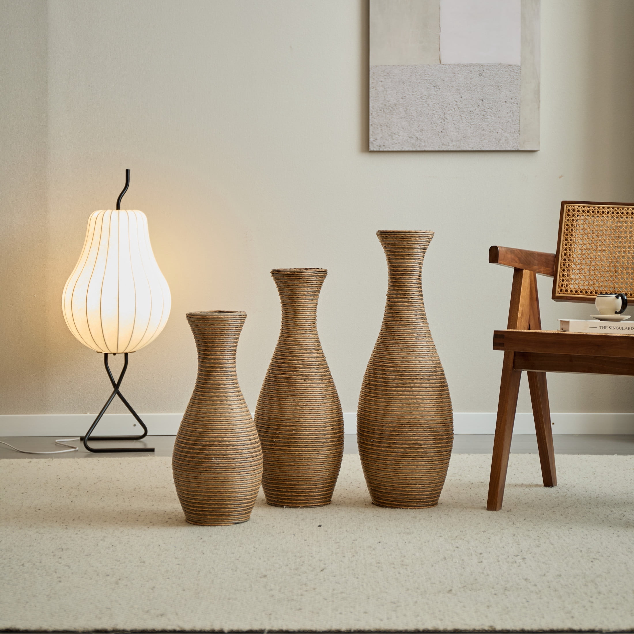 Noble House 3-Piece Rattan-Look PVC Floor Vase Set, Decorative Vases for Home Decor, Beige