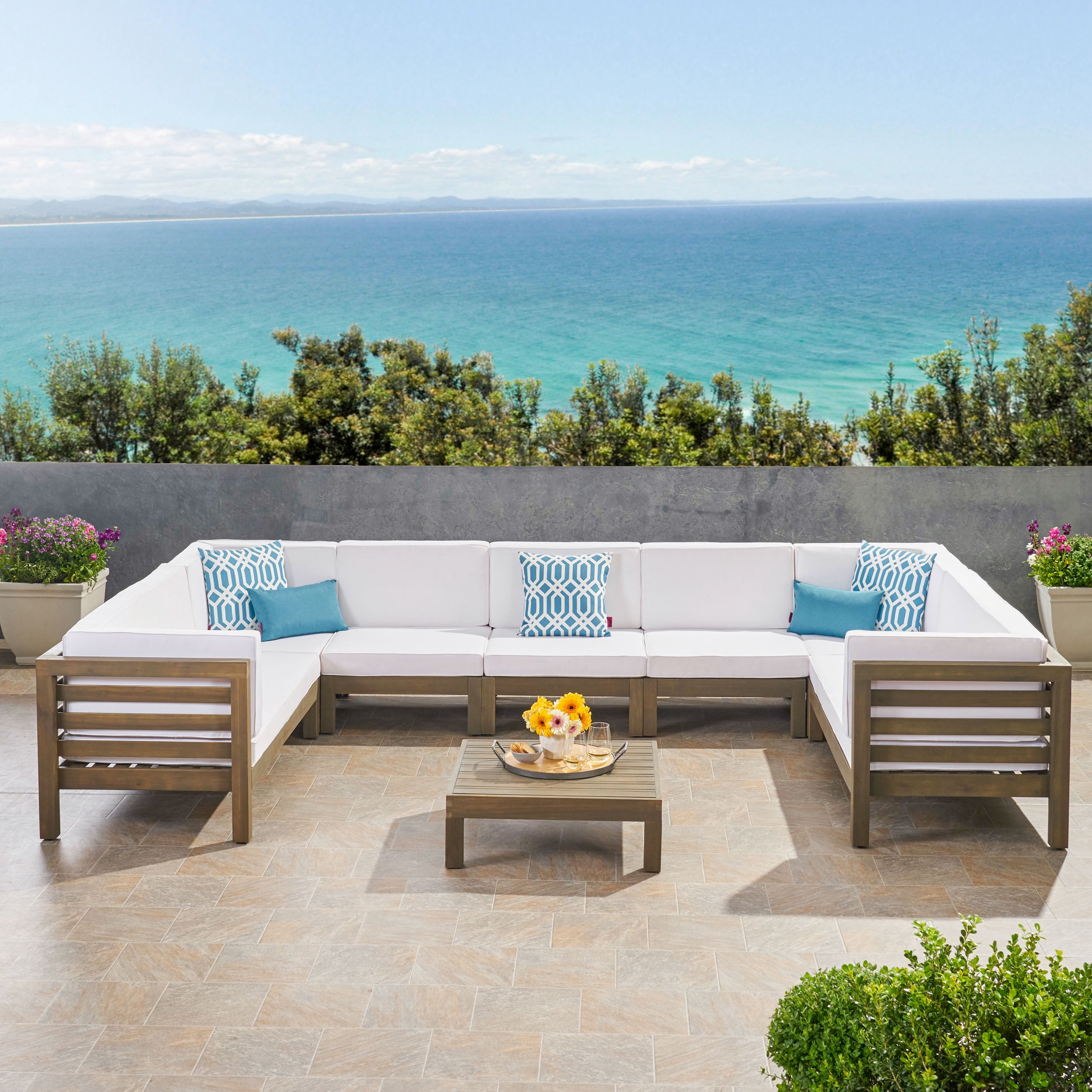 Graham Outdoor 9 Seater Acacia Wood Sectional Sofa Set, Gray Finish, White