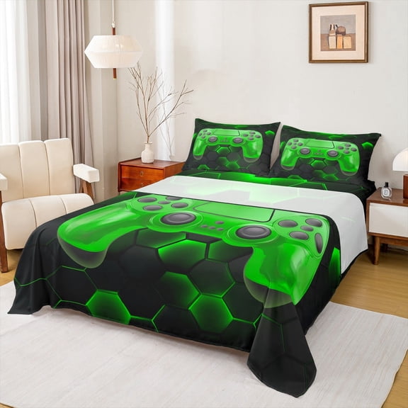 Erosebridal Teens Gamepad Sheet Set Twin, Video Gaming Bedding Sets Twin Size, Neon Honeycomb Decor 3pcs